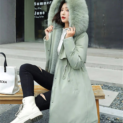 Fur-Trim Button-Front Hooded Coat