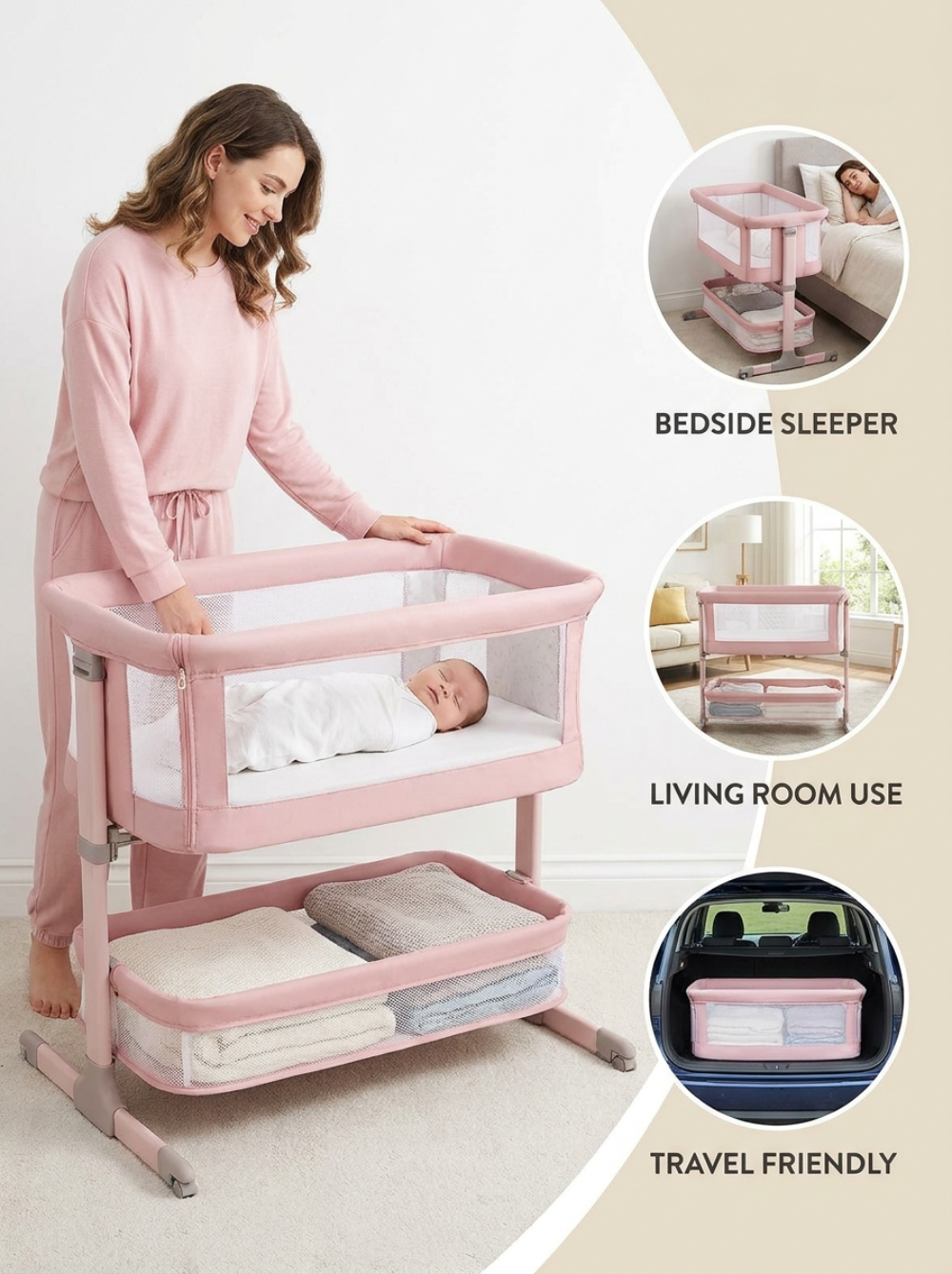 Krona 3-in-1 Portable Baby Nursery Bassinet Bedside Crib