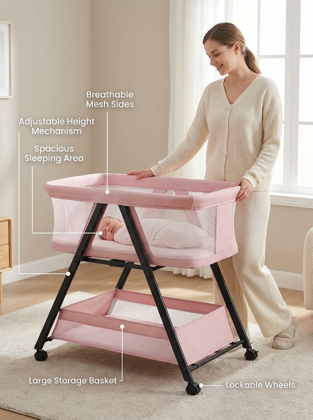 Krona 3-in-1 Portable Baby Nursery Bassinet Bedside Crib