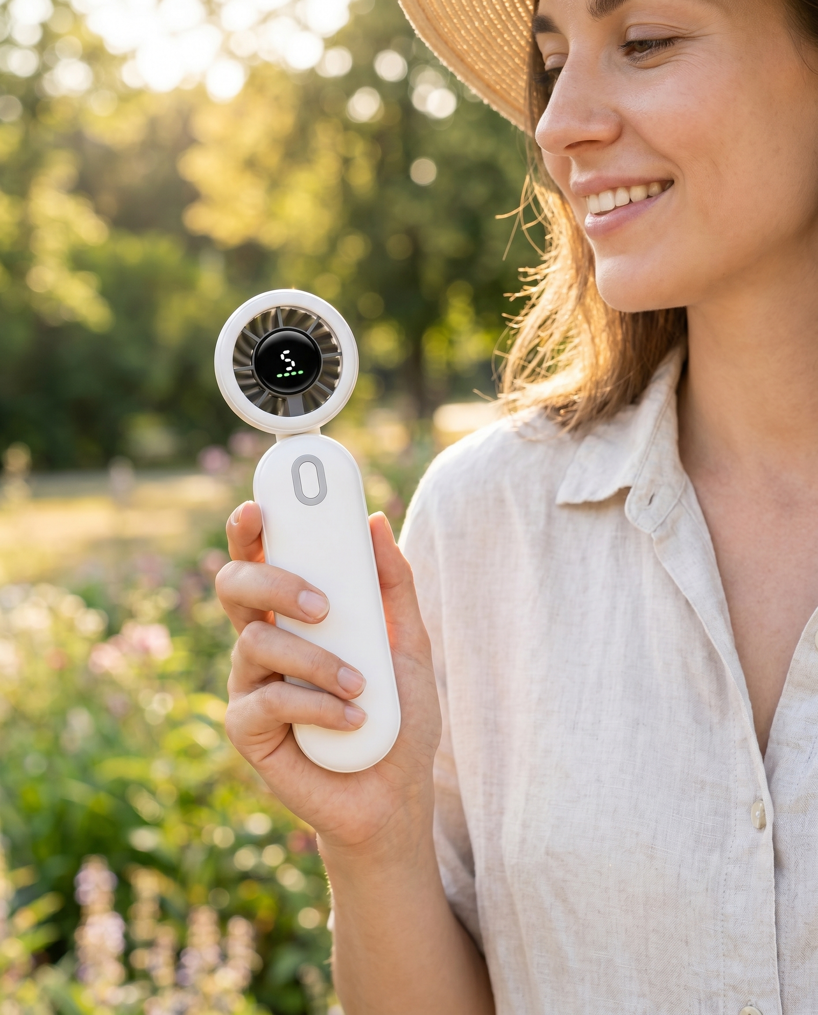 Loma Portable Summer Travel Handheld Mini Fan — lifestyle, product in use