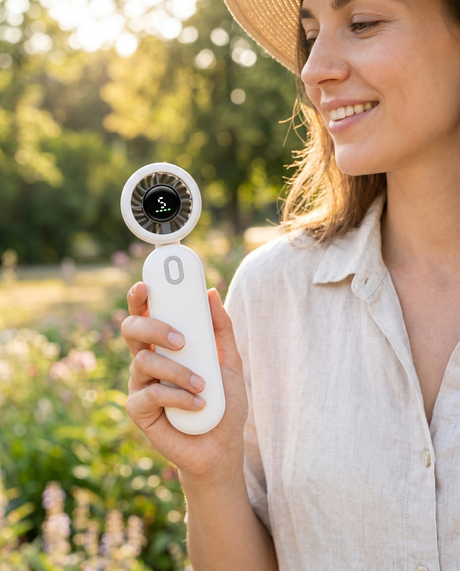 Loma Portable Summer Travel Handheld Mini Fan — lifestyle, product in use