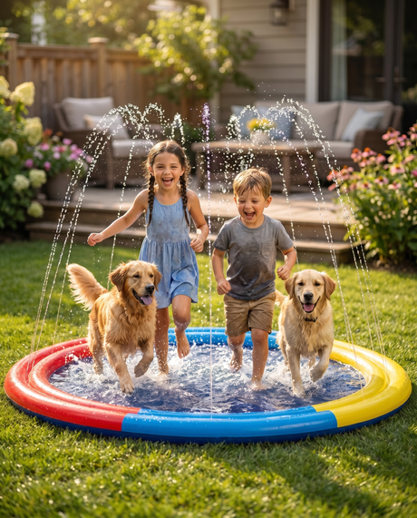 NuriBloom Splash Pad Water Play Sprinkler Mat for Kids and Dogs — lifestyle, product in use