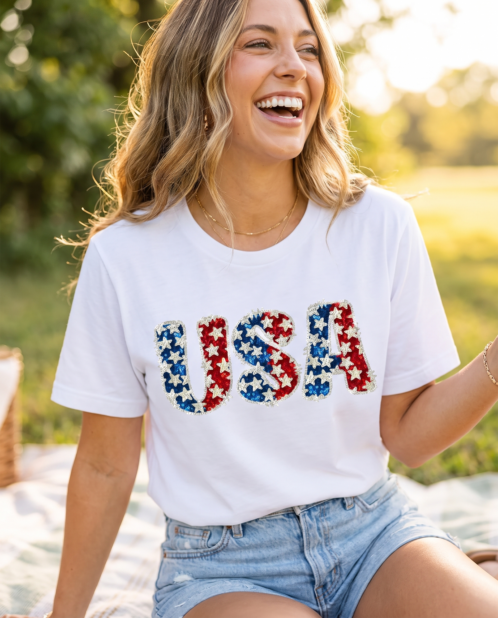 NuriBloom USA Flag Sequin Women's Tee — lifestyle, product in use