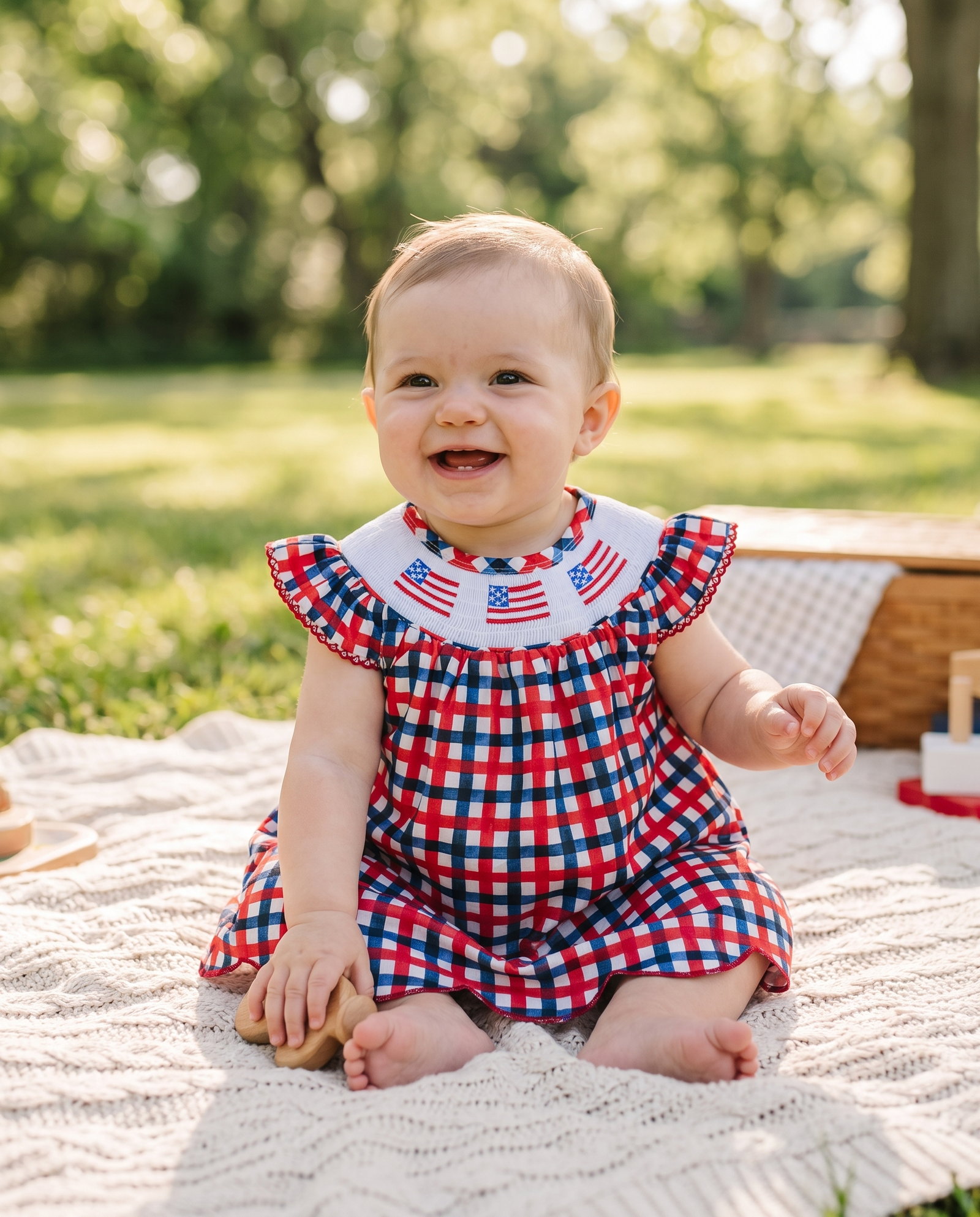 NuriBloom Flag Smocked Plaid Baby Dress — lifestyle, product in use