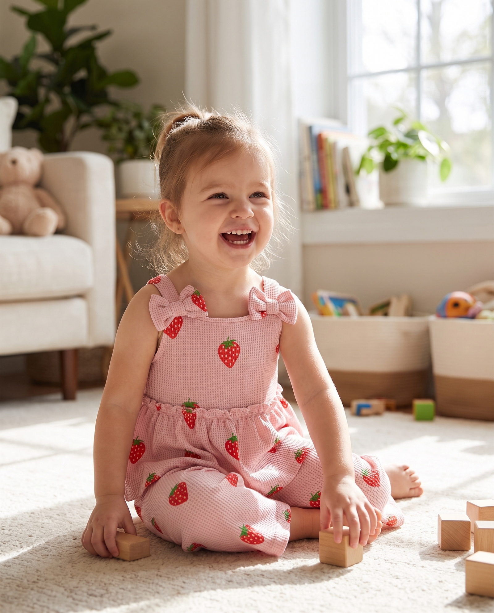 NuriBloom Girls Strawberry Waffle Outfit Set — lifestyle, product in use