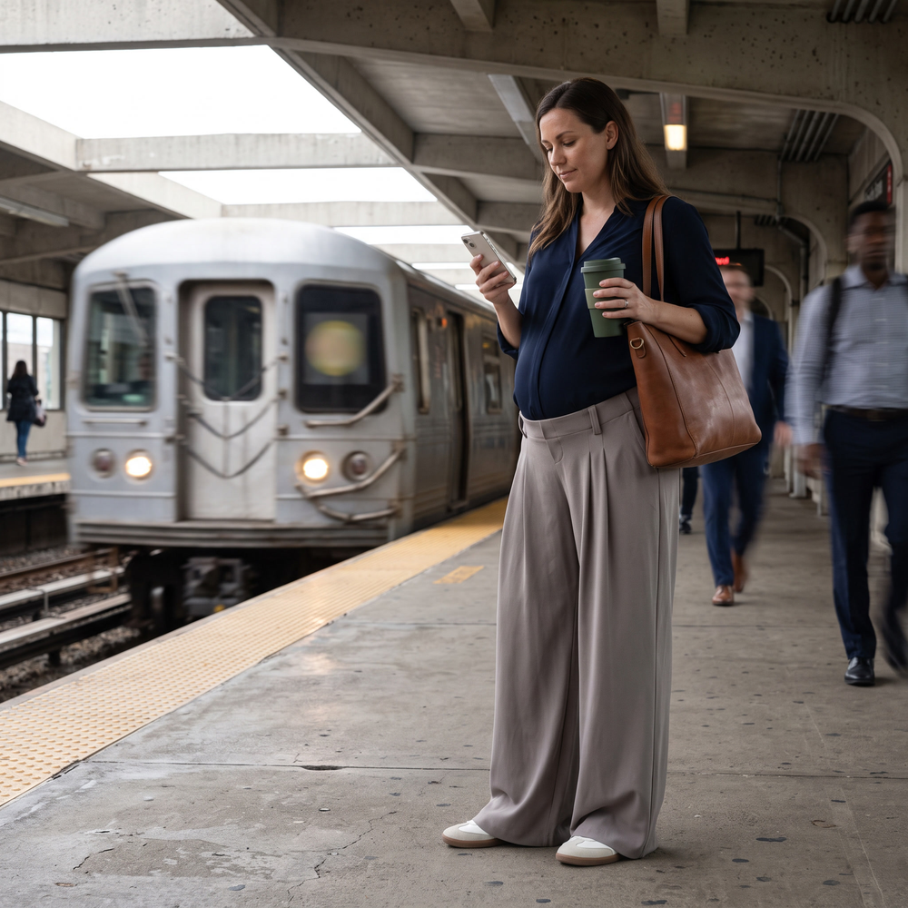 Super High Waisted Wide Leg Waffle Maternity Work Pants - morning commute