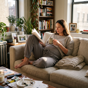 Super High Waisted Tapered Waffle Maternity Joggers - at home on the sofa