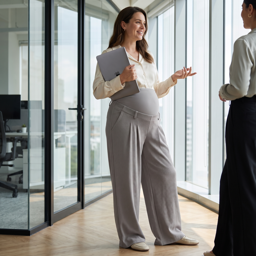 Super High Waisted Wide Leg Waffle Maternity Work Pants - modern office