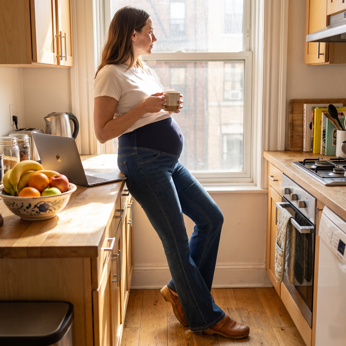 Super High Waisted Flare Maternity Jeans with Pockets - morning at home