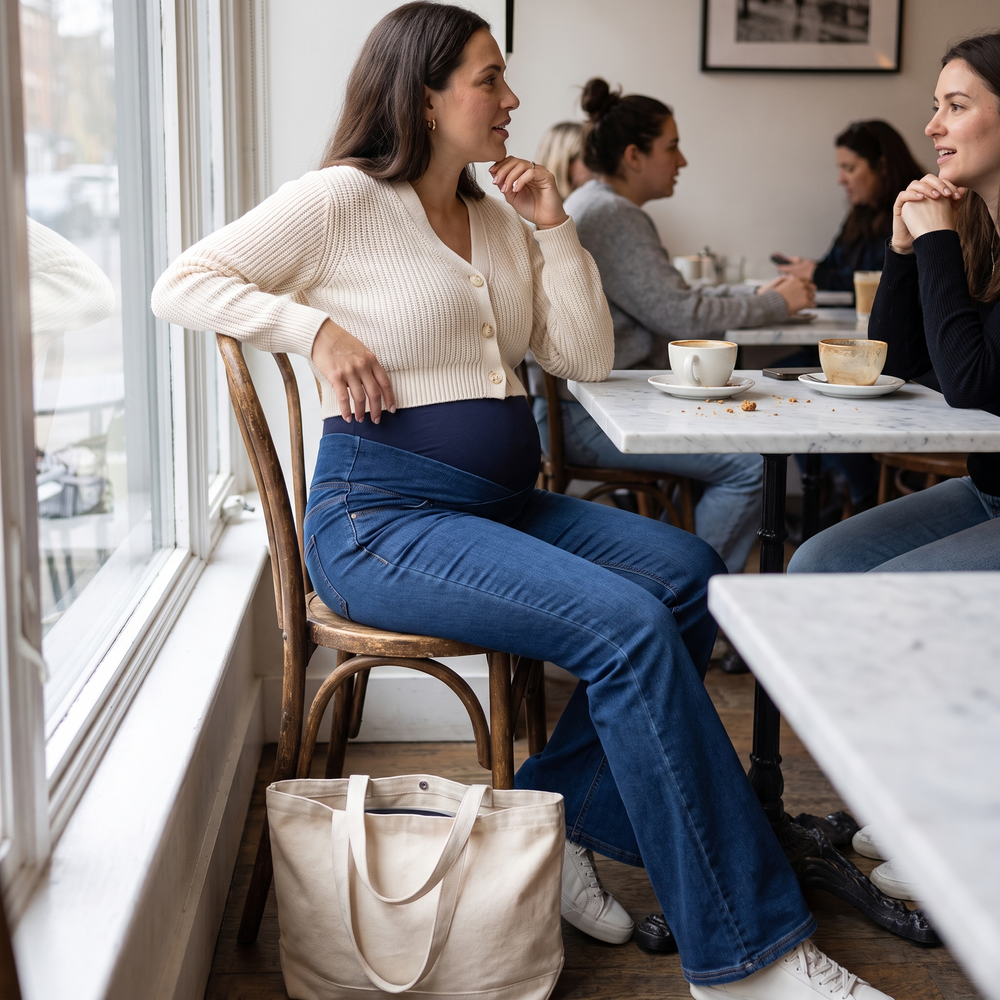 Super High Waisted Flare Maternity Jeans with Pockets - neighbourhood cafe