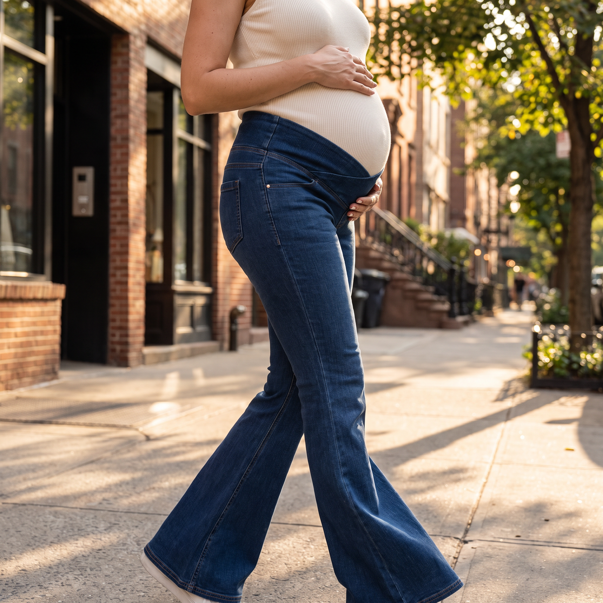 Super High Waisted Flare Maternity Jeans with Pockets - city sidewalk walk