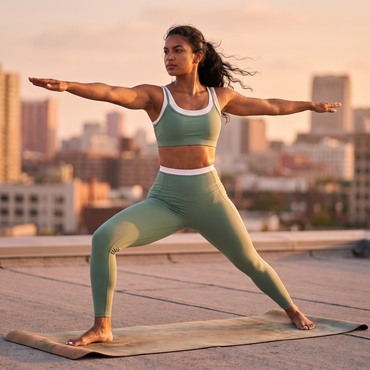 2-Piece Set U Neck Built-in Bra Color Block Yoga Sports Bra - rooftop yoga