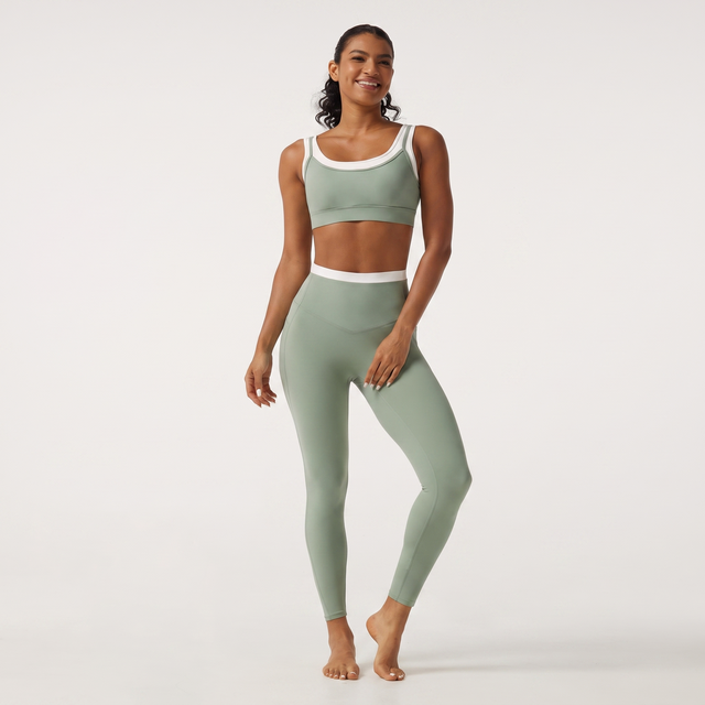 2-Piece Set U Neck Built-in Bra Color Block Yoga Sports Bra - studio hero
