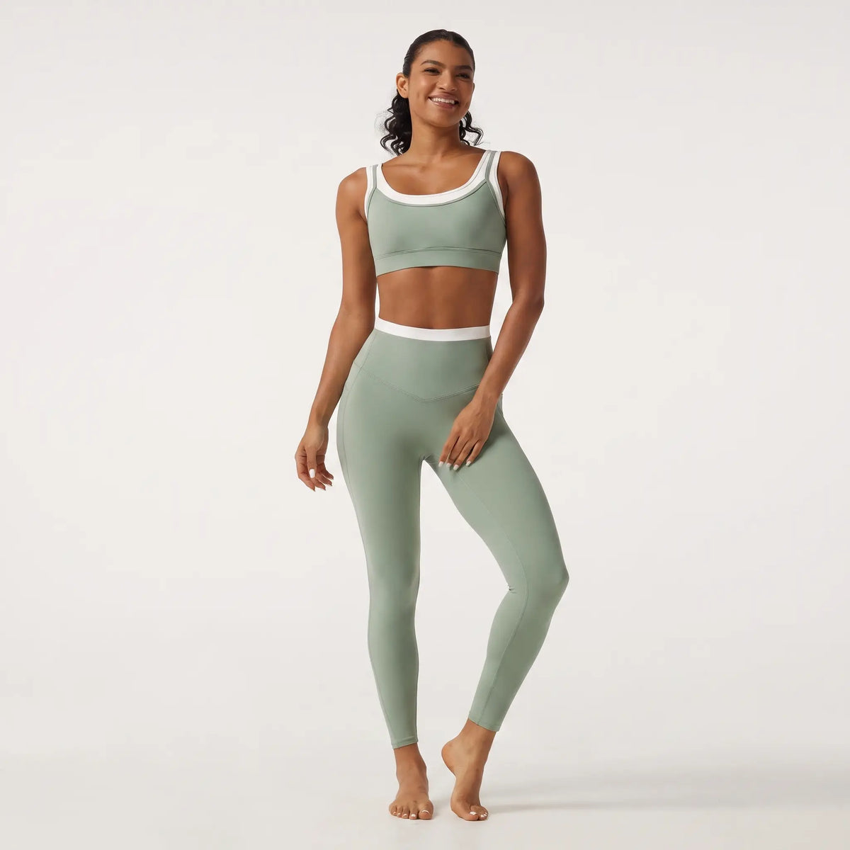 2-Piece Set U Neck Built-in Bra Color Block Yoga Sports Bra