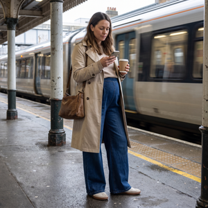 High Waisted Wide Leg Casual Maternity Jeans with Pockets - train platform commute
