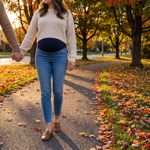 Super High Waisted Skinny 7/8 Maternity Jeans with Pockets - autumn park walk