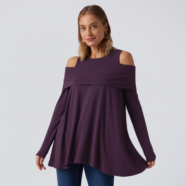 Round Neck Cold Shoulder Long Sleeve Casual Top - studio hero