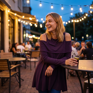 Round Neck Cold Shoulder Long Sleeve Casual Top - cafe terrace