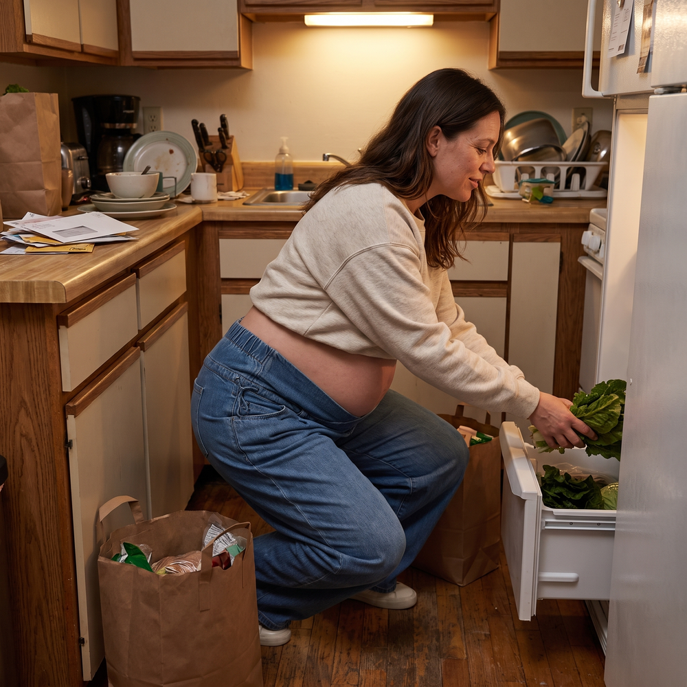 Crossover High Waisted Maternity Baggy Jeans with Pockets - unpacking groceries