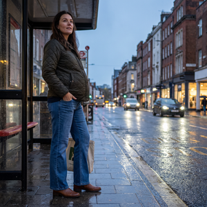 Mid Rise Straight Leg Maternity Casual Jeans with Pockets - city bus stop