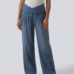 Crossover High Waisted Maternity Baggy Jeans with Pockets