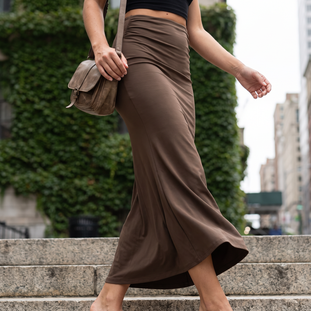 Tummy Control High Waisted Ruched Casual Midi Mermaid Skirt - city steps