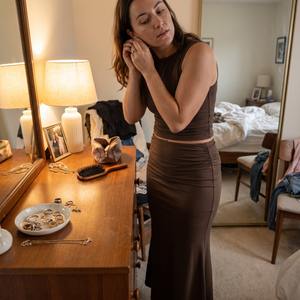 Tummy Control High Waisted Ruched Casual Midi Mermaid Skirt - getting ready at home