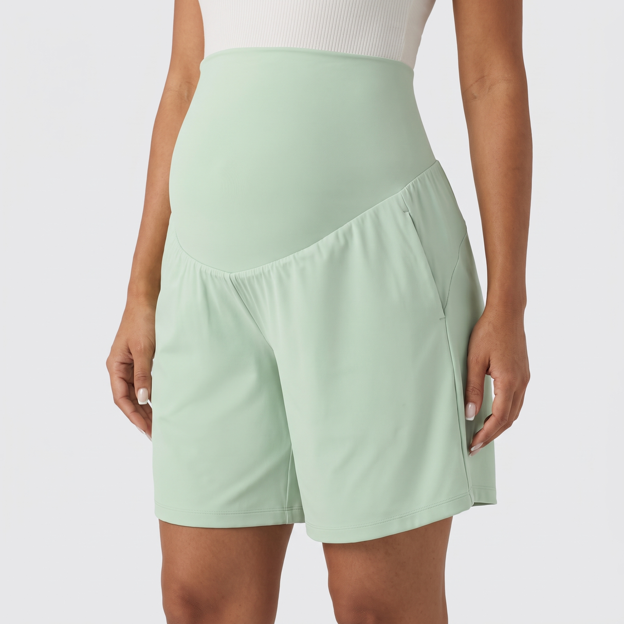 Super High Waisted Yoga Maternity Shorts 9'' with Pockets - studio hero