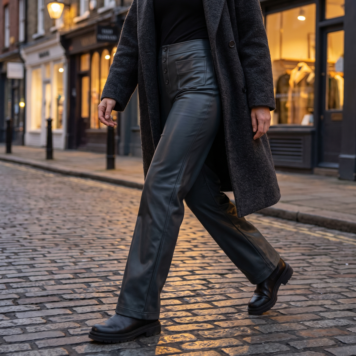 High Waisted PU Fleece Straight Leg Leather Pants - winter street