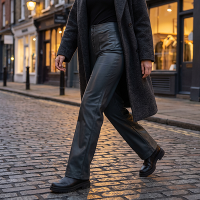 High Waisted PU Fleece Straight Leg Leather Pants - winter street