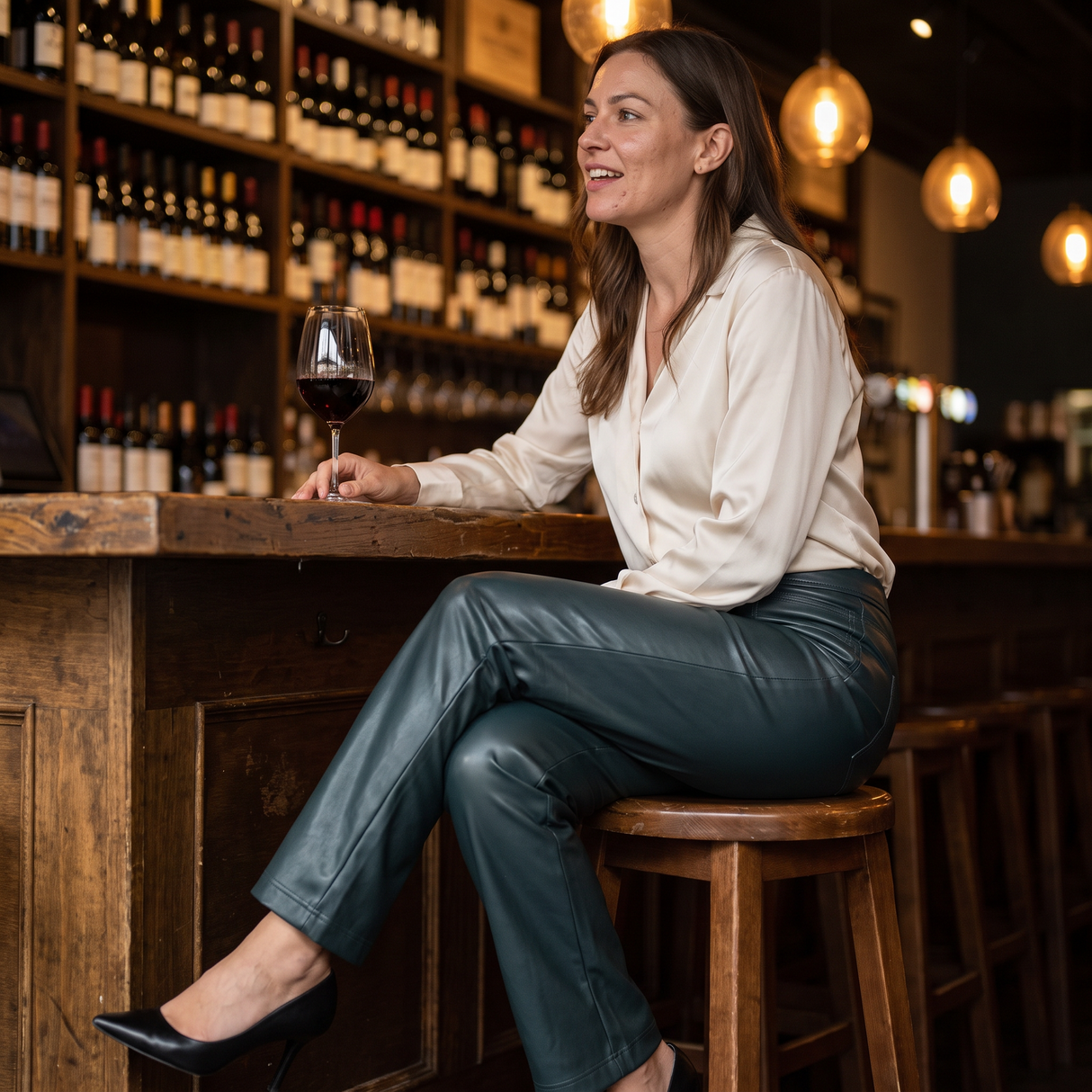 High Waisted PU Fleece Straight Leg Leather Pants - wine bar