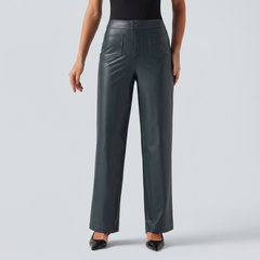 High Waisted PU Fleece Straight Leg Leather Pants