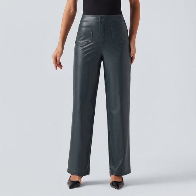 High Waisted PU Fleece Straight Leg Leather Pants - studio hero
