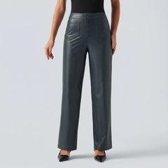 High Waisted PU Fleece Straight Leg Leather Pants