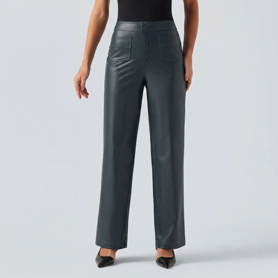 High Waisted PU Fleece Straight Leg Leather Pants