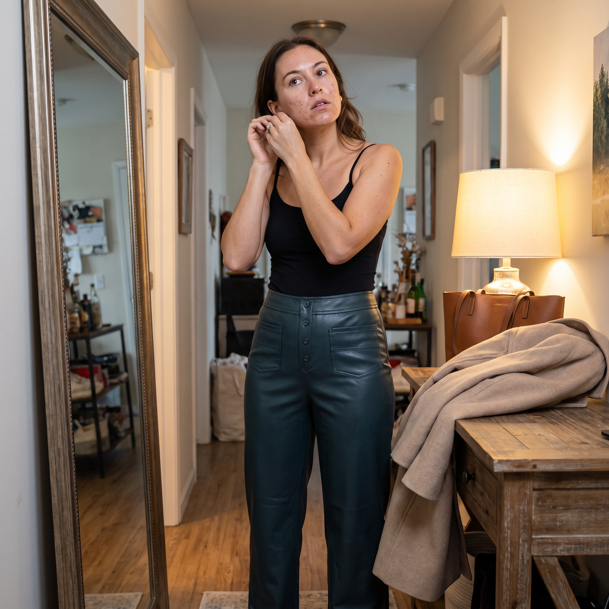 High Waisted PU Fleece Straight Leg Leather Pants - getting ready at home