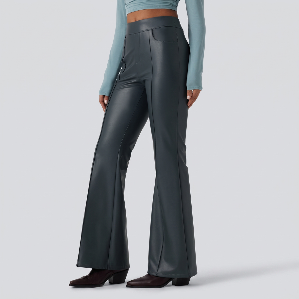 Mid Rise Stretchy PU Fleece Bootcut Pants with Pockets - studio hero