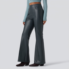 Mid Rise Stretchy PU Fleece Bootcut Pants with Pockets