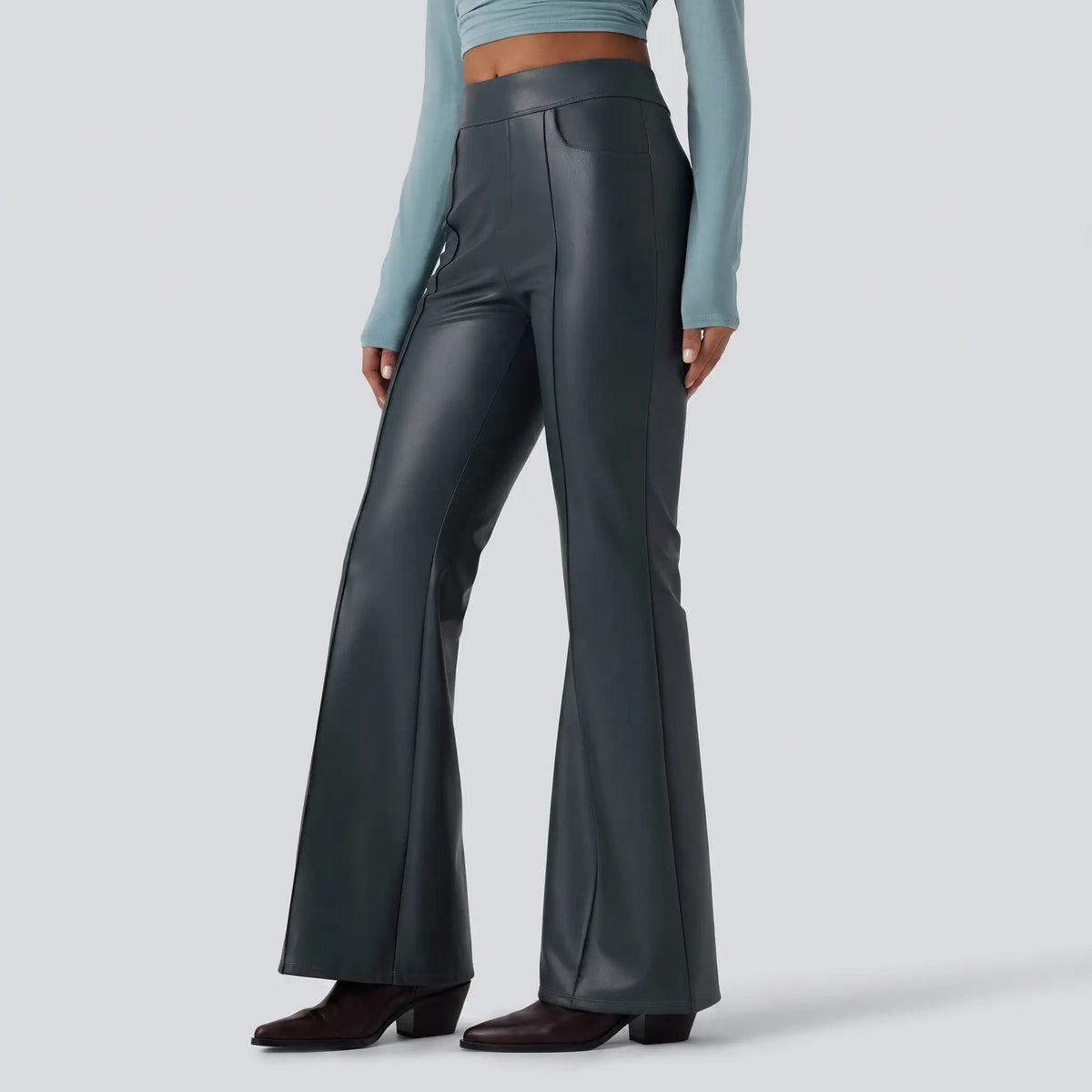 Mid Rise Stretchy PU Fleece Bootcut Pants with Pockets