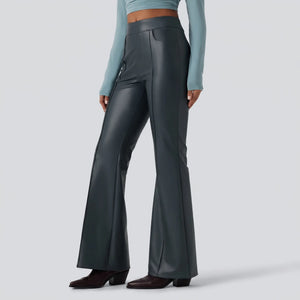 Mid Rise Stretchy PU Fleece Bootcut Pants with Pockets