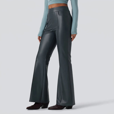 Mid Rise Stretchy PU Fleece Bootcut Pants with Pockets