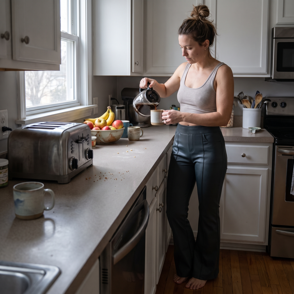 Mid Rise Stretchy PU Fleece Bootcut Pants with Pockets - morning at home