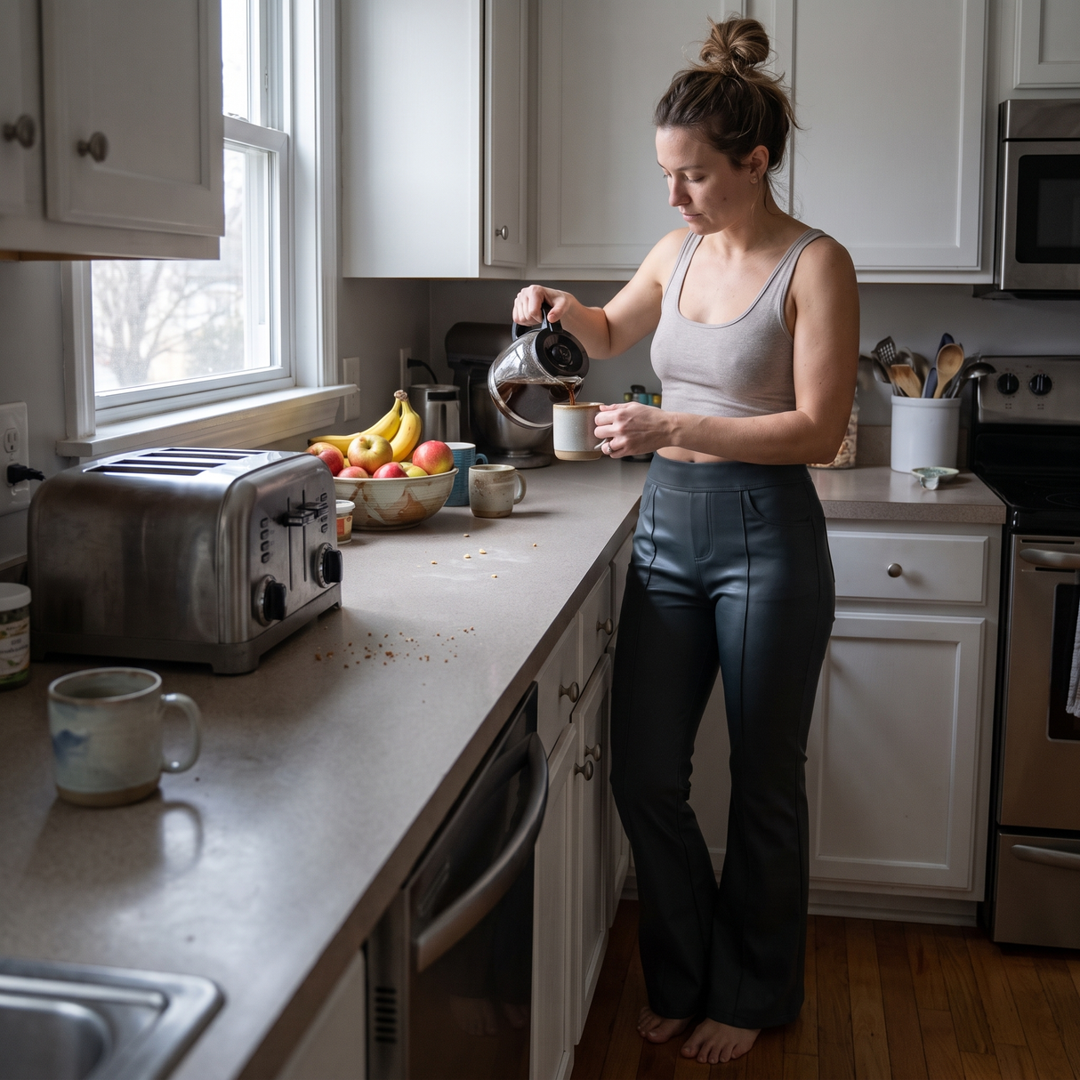 Mid Rise Stretchy PU Fleece Bootcut Pants with Pockets - morning at home