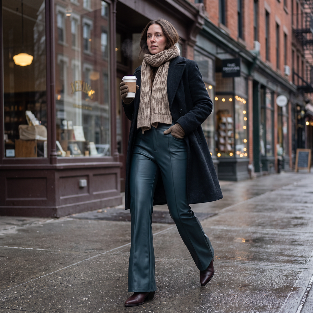 Mid Rise Stretchy PU Fleece Bootcut Pants with Pockets - winter city street