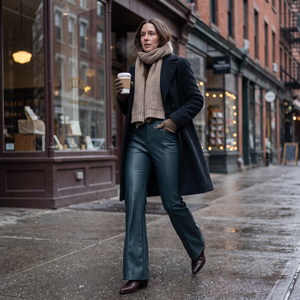 Mid Rise Stretchy PU Fleece Bootcut Pants with Pockets - winter city street