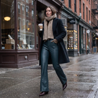 Mid Rise Stretchy PU Fleece Bootcut Pants with Pockets