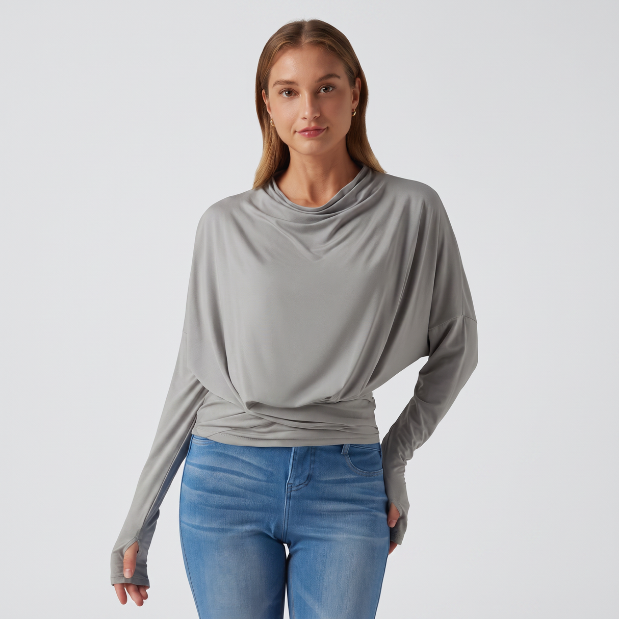 Cowl Neck Long Sleeve Thumb Hole Casual Top - studio hero