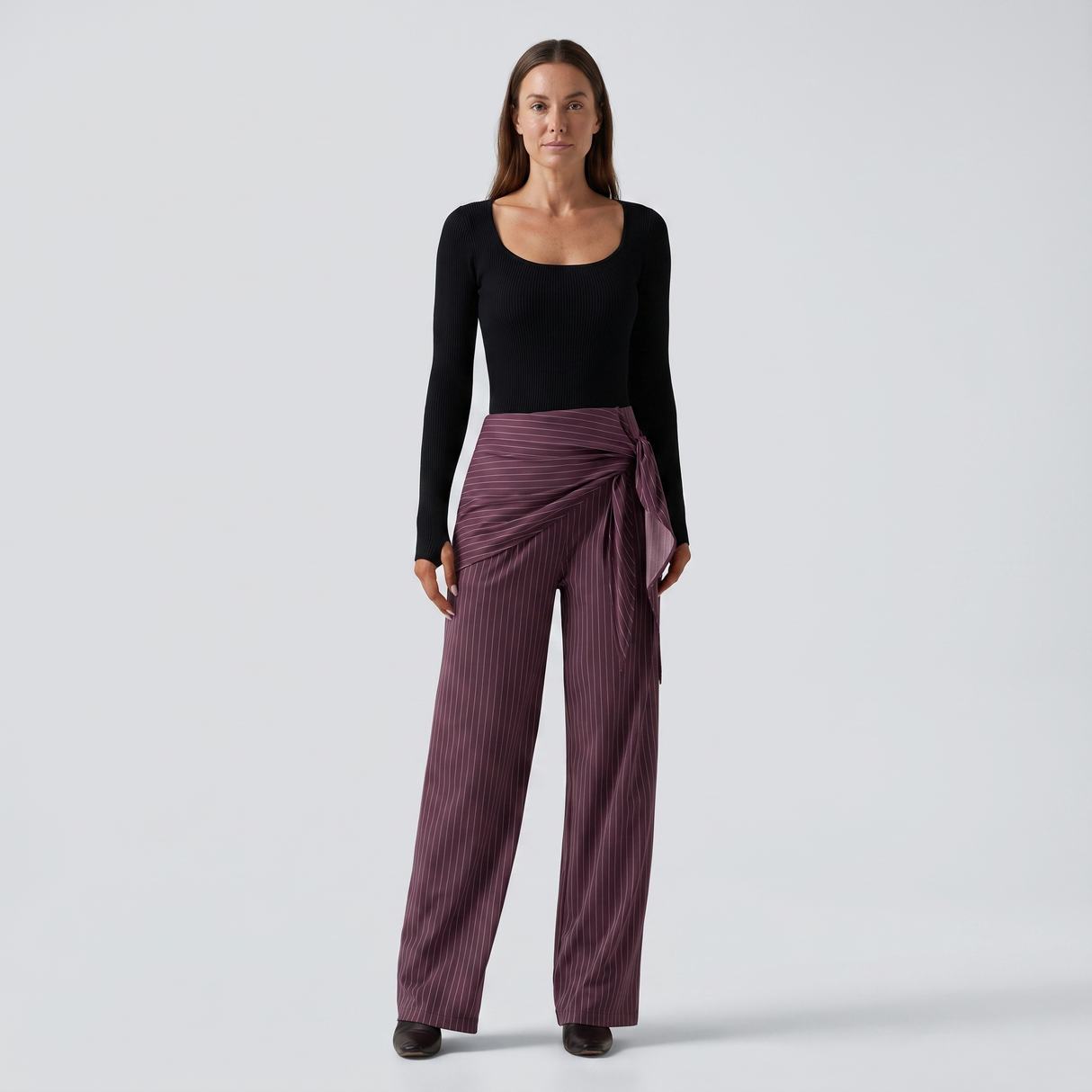 High Waisted Wide Leg Stripe Work Pants with Pockets - studio hero