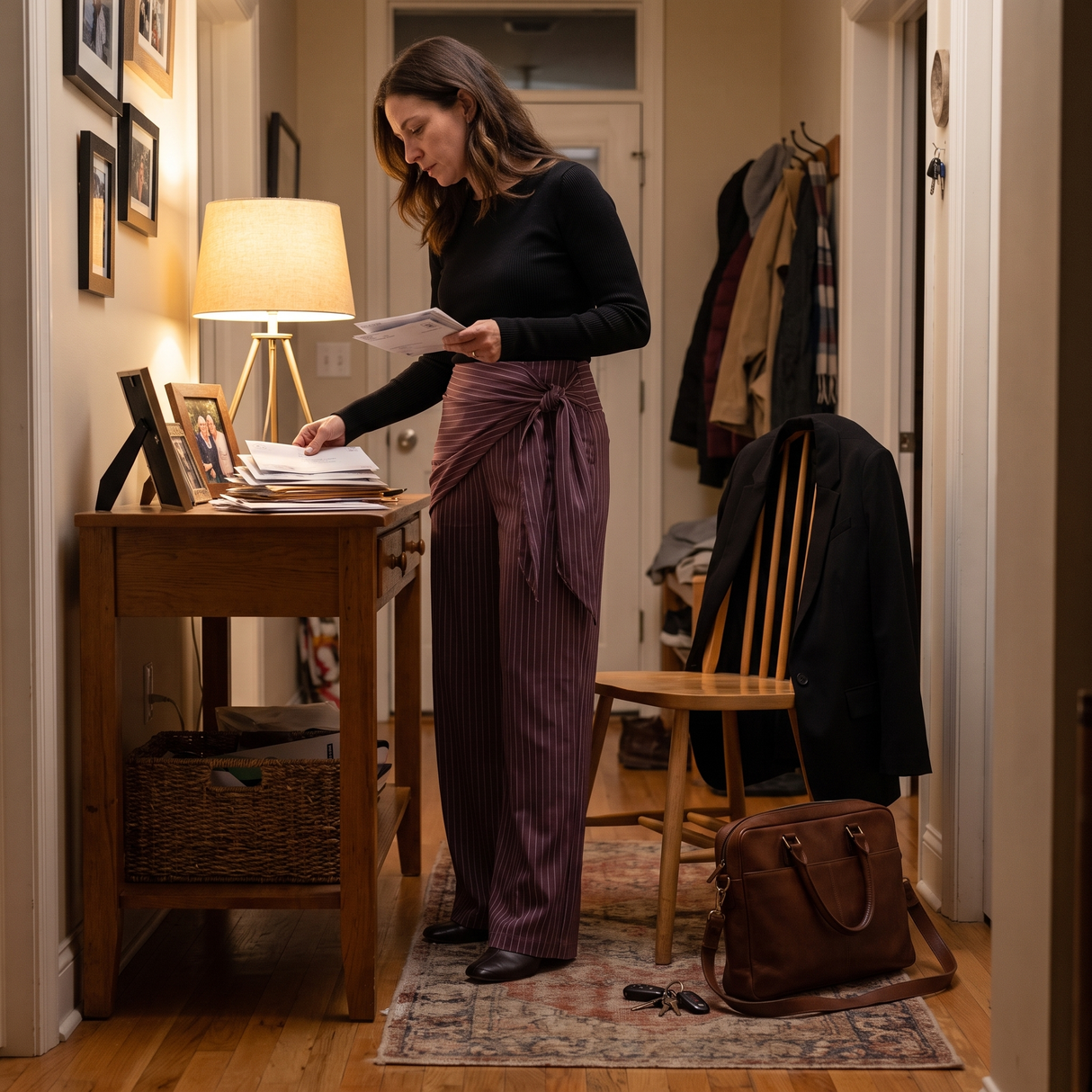 High Waisted Wide Leg Stripe Work Pants with Pockets - evening at home