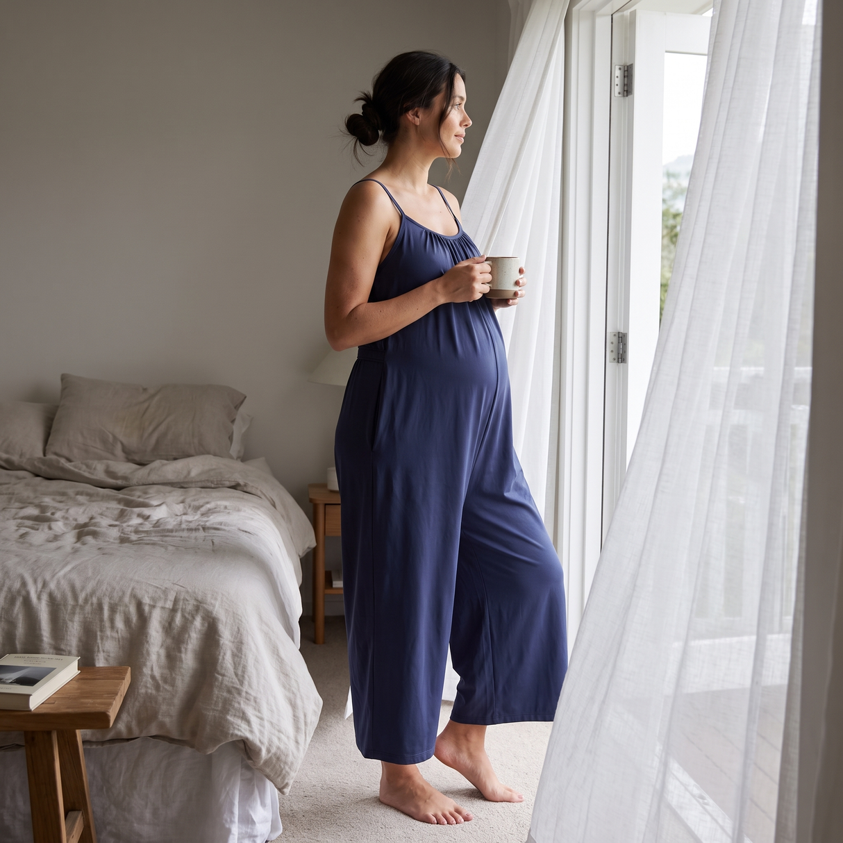 Wide Leg Casual Maternity Romper with Pockets - slow morning at home
